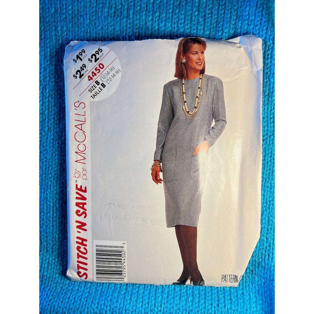 McCalls Sewing pattern 4450 dress straight long sleeve pockets 1980s size 12